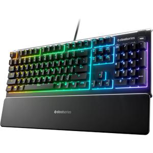 SteelSeries Apex 3 RGB Gaming Keyboard  10-Zone RGB Illumination  IP32 Water Resistant  Premium Magnetic Wrist Rest (Whisper Quiet Gaming Switch)