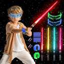 SANCO Light Up Sabers Set for Kids - 4 Pack 7 Colors Retractable Power Swords with FX Sound(Motion Sensitive), 2PCS LED Glasses & Wristbands, Glowing Toys for Christmas, Birthday Gift for Boys & Girls