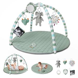 Blissful Diary Baby Play Gym Mat, Play Mat Activity Mat with 6 Detachable Toys for Stage-Based Sensory & Motor Skill Development, Easy to Install & Clean, Baby Essentials Gift, Sage Green