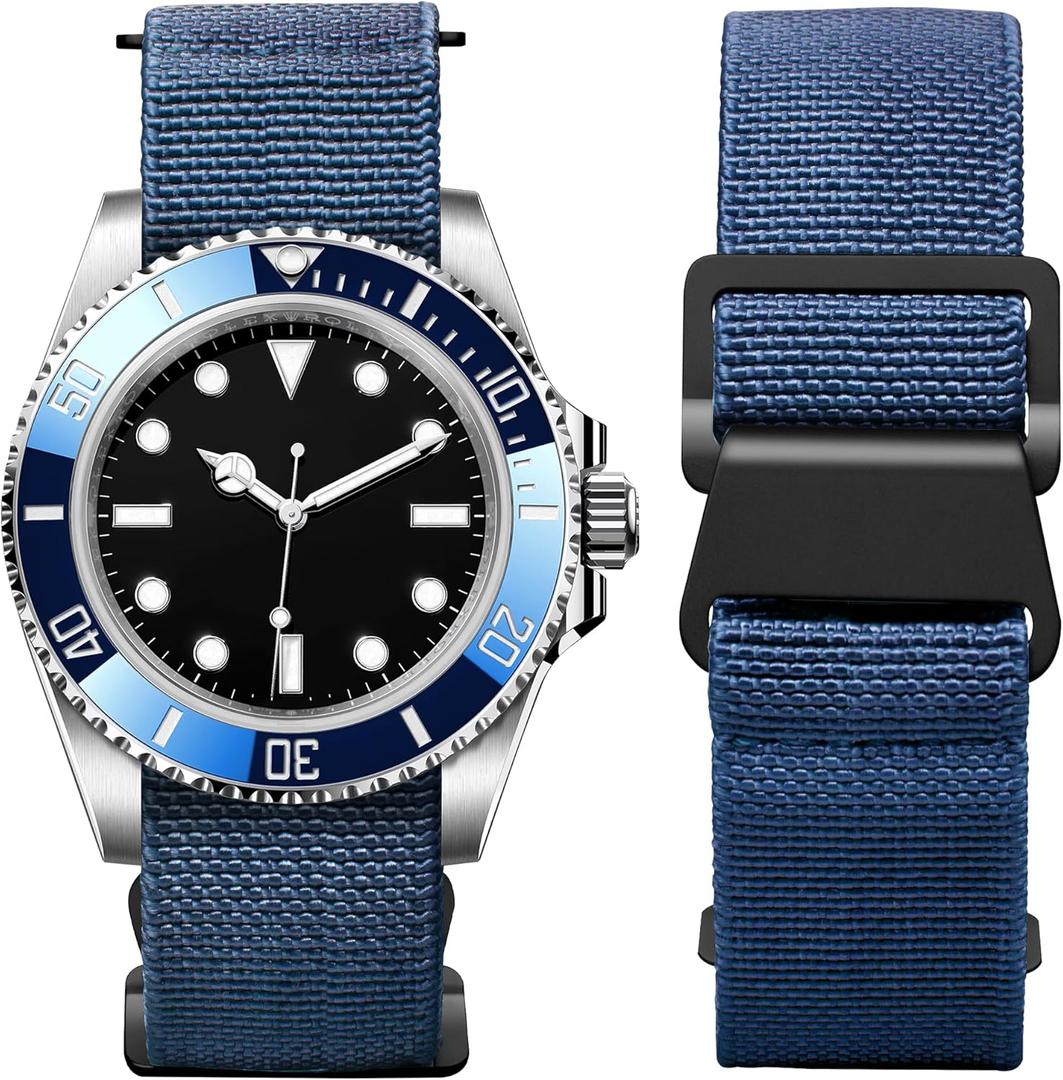 BINLUN Elastic Nylon Watch Band 18mm 20mm 22mm Marine Nationale Fabric Military Parachute Replacement Watch Strap Men Women Silver & Black Buckle - Upgraded Hook-and-Loop Buckle