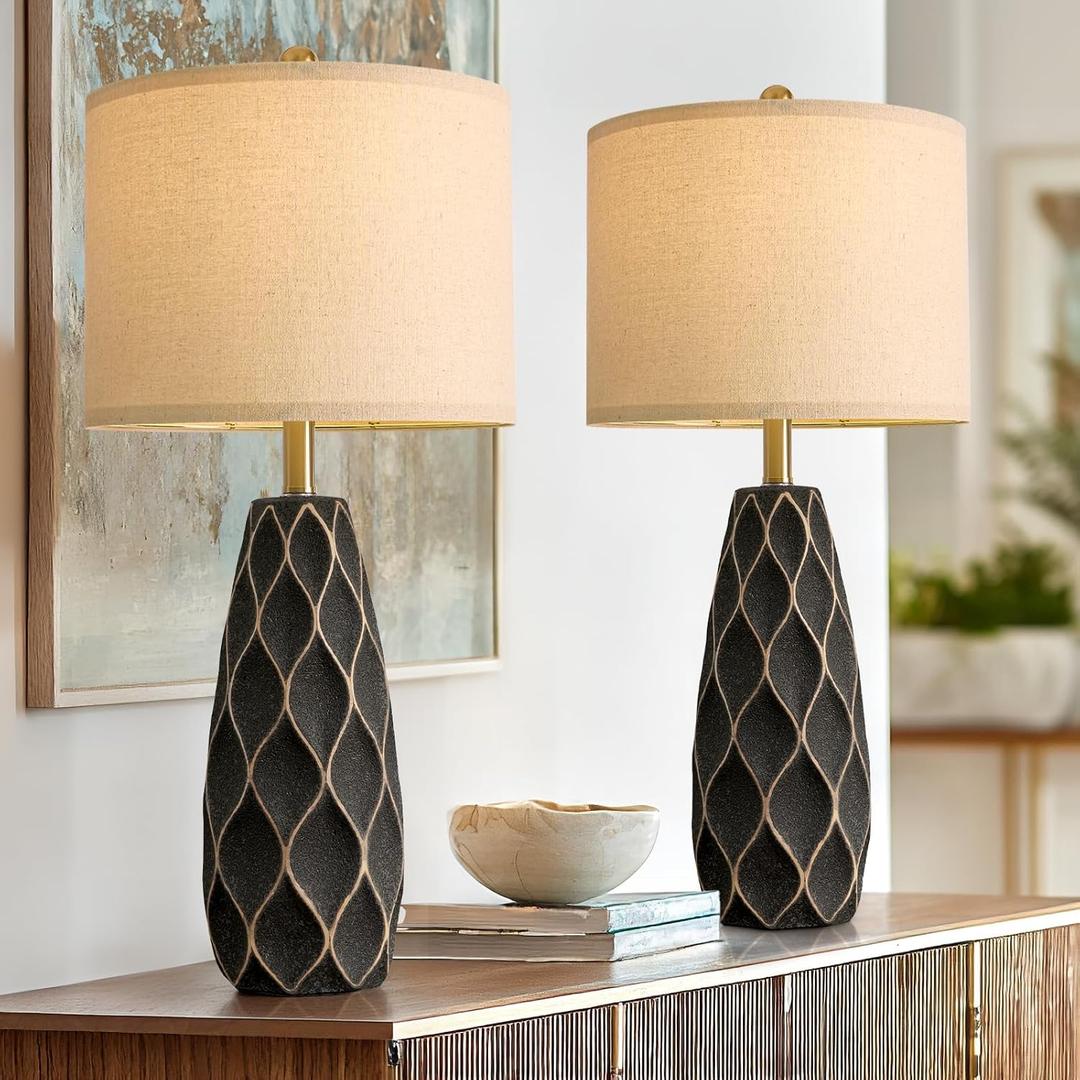 PORTRES 27.5" Ceramic Table Lamps for Bedroom Living Room Lamps Set of 2 Modern Bedside Nightstand Lamp Farmhouse Vintage Rustic Boho Retro Large Table Lamps Light Home Office Desk Deco Gifts, Black