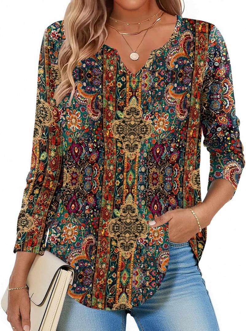 Zeagoo Long Sleeve Shirts for Women Fall V Neck Tops Casual Dressy Blouse Boho Tunic Business Work Clothes School Outfit (XXL)