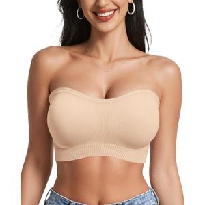 OEAK Supportive Strapless Bras for Women Push Up Wireless Bandeau Bra Non Slip Seamless Bras Comfortable Padded Bralette Beige S