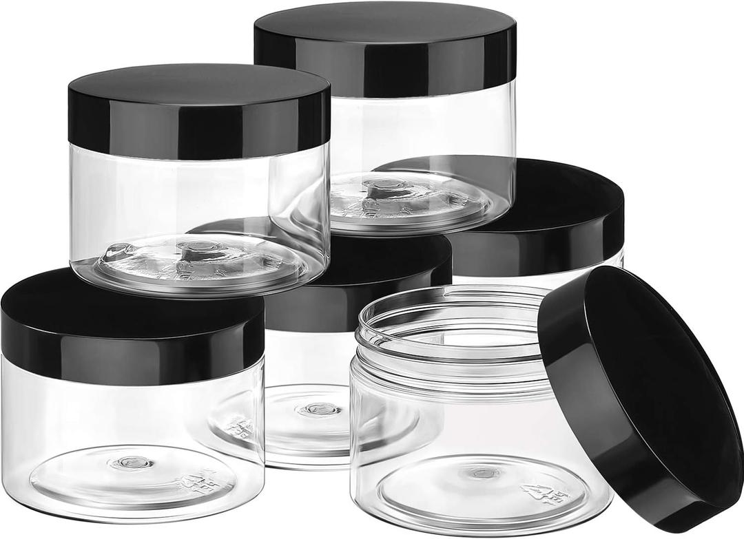 Pack of 6 6 oz Plastic Jars Refillable Containers with Lids Wide-mouth Leakproof Reusable Round Empty Jars for Travel Cosmetic Dry Food Spice Cookie Candy Home Kitchen Organizing (Clear) (Black)