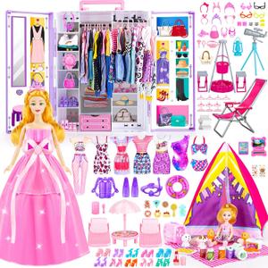 164 Pcs Doll Closet with 11.5 Inch Doll Clothes and Accessories Set, Camping Set, Princess Dresses, Camping Tent, Beach Swim Accessories Set, Diving Suit, Dress Up Toys for Girls Gift