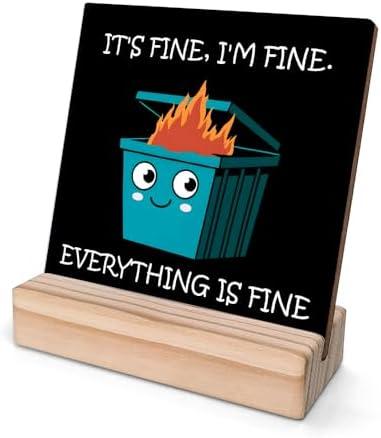 Pack of 3, Dumpster Fire Desk Accessories, It's Fine I'm Fine Everything is Fine, Funny Desk Sign, Coworker Gifts, Office Gifts for Women Men, Emotional Support Dumpster Fire Wood Sign-ZMMP04