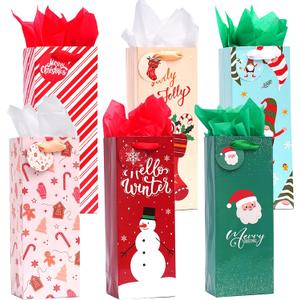 Nihuecne 12 Pack Christmas Wine Gift Bags with Tissue Paper & Tags for Xmas Holiday Present Wrap,6 Designs (5 x 13 x 4 In)