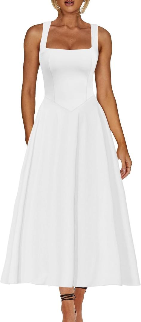 Kaximil Women's Square Neck Sleeveless A Line Maxi Dress Smocked Ruffle Flowy Casual Long Dresses, Medium, White