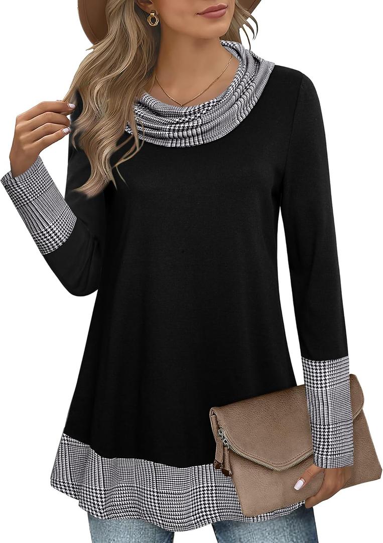 Youtalia Women's Hoodie Sweatshirt Long Sleeve Cowl Neck Pullover Color Block Thin Tunic Top (Large, Black)