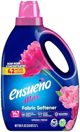 Ensueño Max Liquid Fabric Softener - Spring Fresh Scent - 125 fl oz - Color-Safe Fabric Softener Liquid - Softens 147 Loads - Reduces Wrinkles & Static