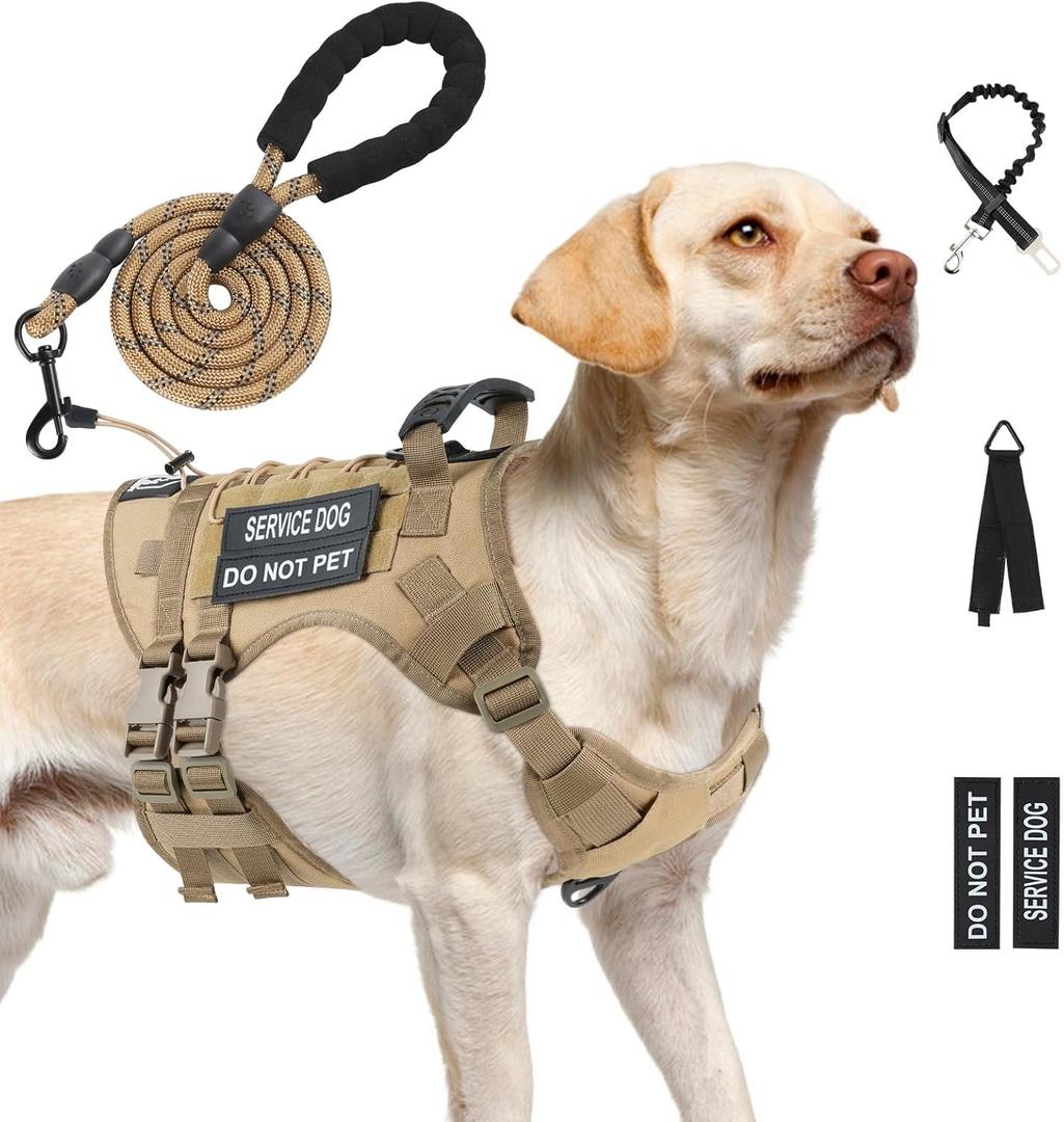 No Pull Tactical Dog Harness for Large Dogs, Escape Proof Molle Dog Vest Harness and Leash Set, Adjustable Military Service Dog Harness with Handle for Medium Large Dogs(Brown,Large)