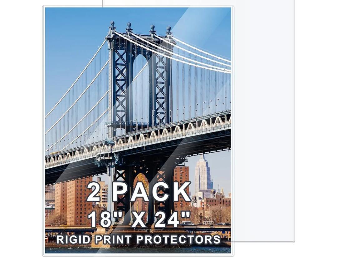 2 Pcs 18" x 24" Rigid Print Protectors Clear Hard Sheet Protectors Heavy Duty Top Loading Crystal Poster Sleeves Picture Frame Hard Plastic Sleeves for Art Prints Photos Documents Blueprint