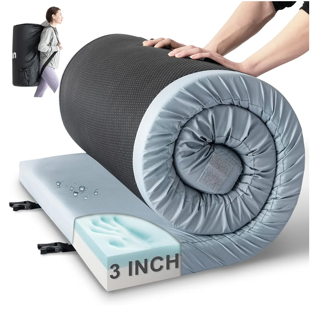Kingfun Memory Foam Camping Sleeping Pad, CertiPUR-US Camping Mattress Waterproof Roll Up Mattress Guest Bed, Thick Floor Sleeping Mat for Car Truck Tent for Adults with Travel Bag
