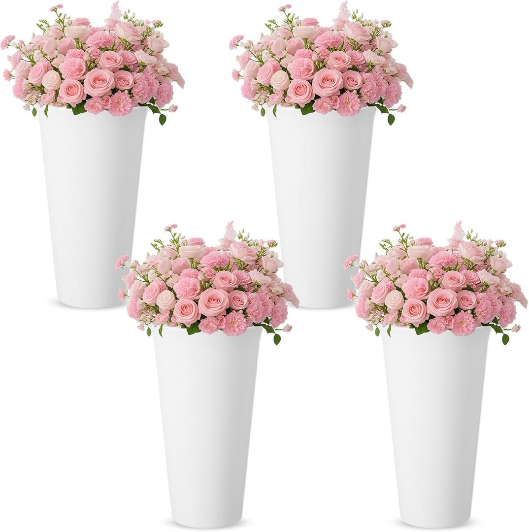 4 Pack Flower Buckets 9.84 Inch Plastic Flower Vases Modern Round Vases for Centerpieces Floral Display Decorative Buckets for Table Home Wedding Decorations (White)
