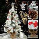 2 x 24 Inch/2 FT Mini Christmas Tree Blind Box, Small Tabletop Flocked Tree with LED Lights, Pine Cones, Star Tree Topper, Snow Flocked Artificial Pine Xmas Tree,Mini Gift Box and Cloth Bag Base (Blind Box -50% of White/Green)