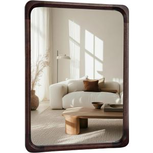 Tanmicoshomy Wood Bathroom Mirror 24 x 36 Inch, Solid Wood Framed Rectangle Mirrors with Tempered Glass for Living Room Bedroom Office or Entryway(Dark Brown)