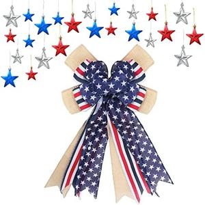 25 Pcs 4th of July Decoration, Including American Flag Wreath Bow and Patriotic Hanging Star Red White Blue Ornaments for Independence Labor Veterans Day Tree Indoor Outdoor, Set of 3