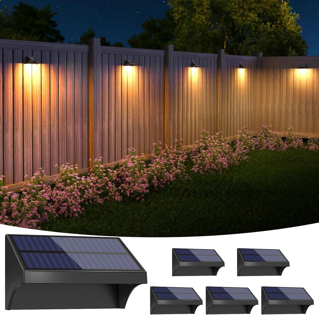 NIORSUN Outdoor Fence Lights, 6 Pack Waterproof LED Solar Fence Lights with 1500mAh Battery, Warm White/Cool White/RGB, Easy-to-Install Wall Light for Deck, Patio, Railing, Stairs & Backyard  Black