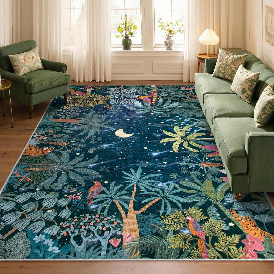 Lahome Jovence Midnight Jungle Green Rug, Washable 8x10 Rugs for Bedroom Living Room, Soft Forest Kids Rugs for Playroom, Non Slip Stain Resistant Floor Carpet for Office Dining Room