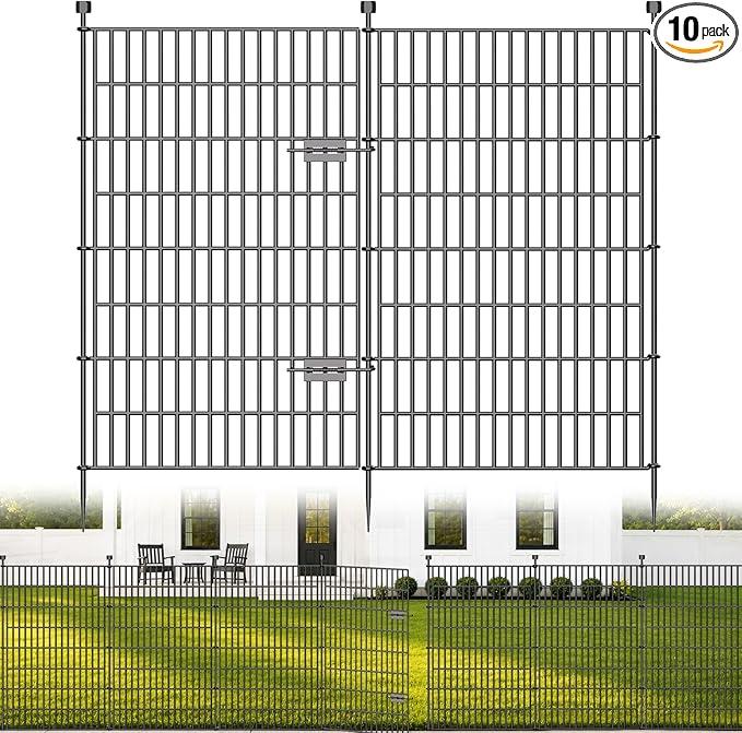 No Dig Garden Fence Outdoor for Yard, 48 in (H) x 23.6ft(L) | 10 Panels with Gate Animal Barrier Fence, Rustproof Metal Temporary Dog Fence, Decorative Fencing for Patio, Flower Bed