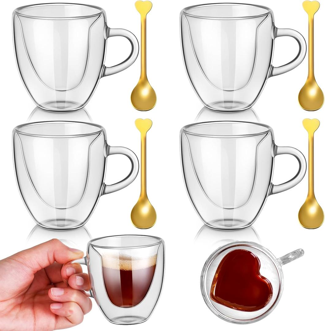 Nuogo 4 Pack Heart Shaped Double Walled Glass Coffee Cups and 4 Pack Teaspoons Set Clear Mugs 2.8oz/80ml Heart Insulated with Handle for Milk Tea Juice Coffee Valentines Wedding Couples