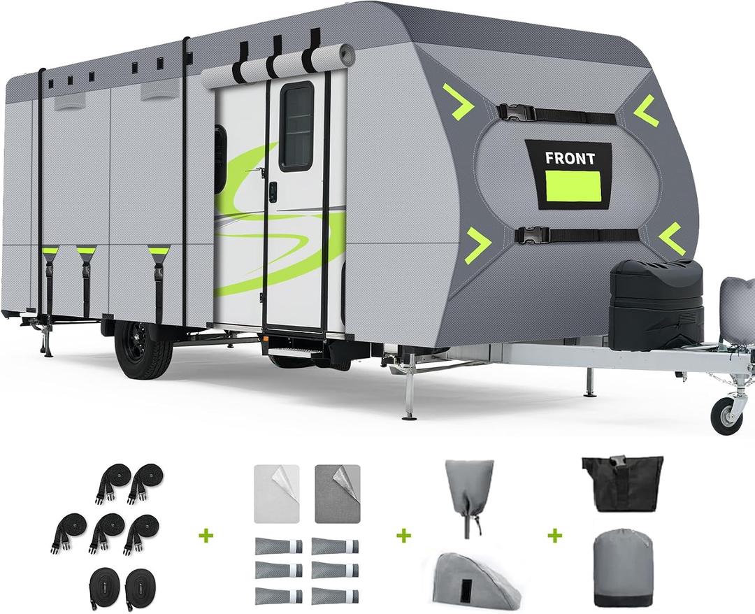 Heavy Duty 8 Layers RV Cover 18-20ft, Rip-Stop Motorhome Camper Cover with Windproof Straps, Gutter & Tongue Jack Covers, Utility Travel Trailer Cover for All Weather Protection