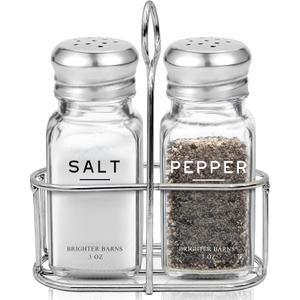 Glass Salt and Pepper Shakers Set with Holder by Brighter Barns - Modern Kitchen Decor, Dining Table Countertop Accessory - Cute Salt and Pepper Set with Caddy for Restaurants, Farmhouse Decor (Clear)