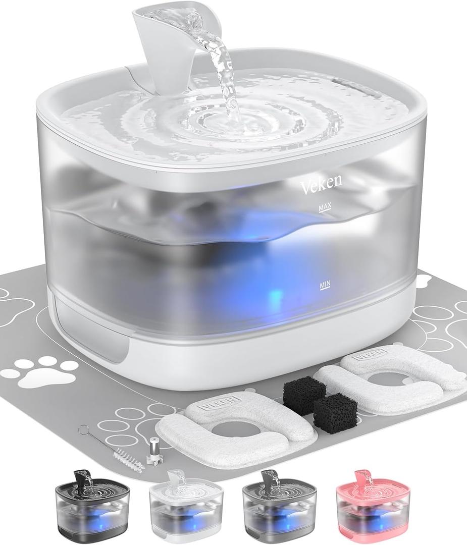 Veken Cat Water Fountain with Detachable Tank, Easy to Clean & Assemble, 85oz/2.5L Automatic Pet Drinking Dispenser with Quiet Operation & LED Light for Cats, Dogs and Small Pets, White