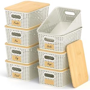 Stackable Storage Basket: Plastic Baskets Bins, Baskets for Organizing, Pantry Decorative Containers for Closets, Cabinets, Shelves(8 Pack, White)