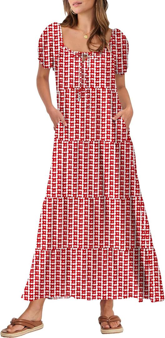 ANRABESS Women's Boho Maxi Dresses 2025 Summer Casual Floral Puff Short Sleeve Tie Front Flowy Swing Tiered Long Beach Dress (M)