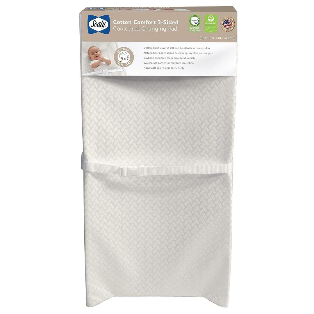 Sealy Baby Cotton Comfort Waterproof 3-Sided Contoured Diaper Changing Pad for Dresser or Table, Durable Easy to Clean Surface, Eco Friendlier Cover & Soy-Enhanced Foam, Made in USA - White, 32x16”