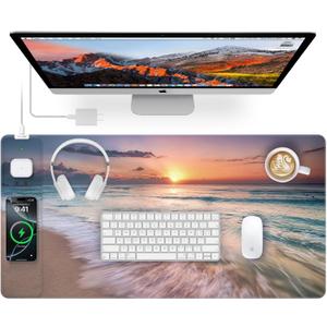 Wireless Charging Mouse Pad, 31.5"x15.8" Large Gaming Desk Mat for Keyboard/Laptop, Waterproof Ultra-Smooth Surface, Non-Slip Base, with 20W PD Adapter, Beach Sunset