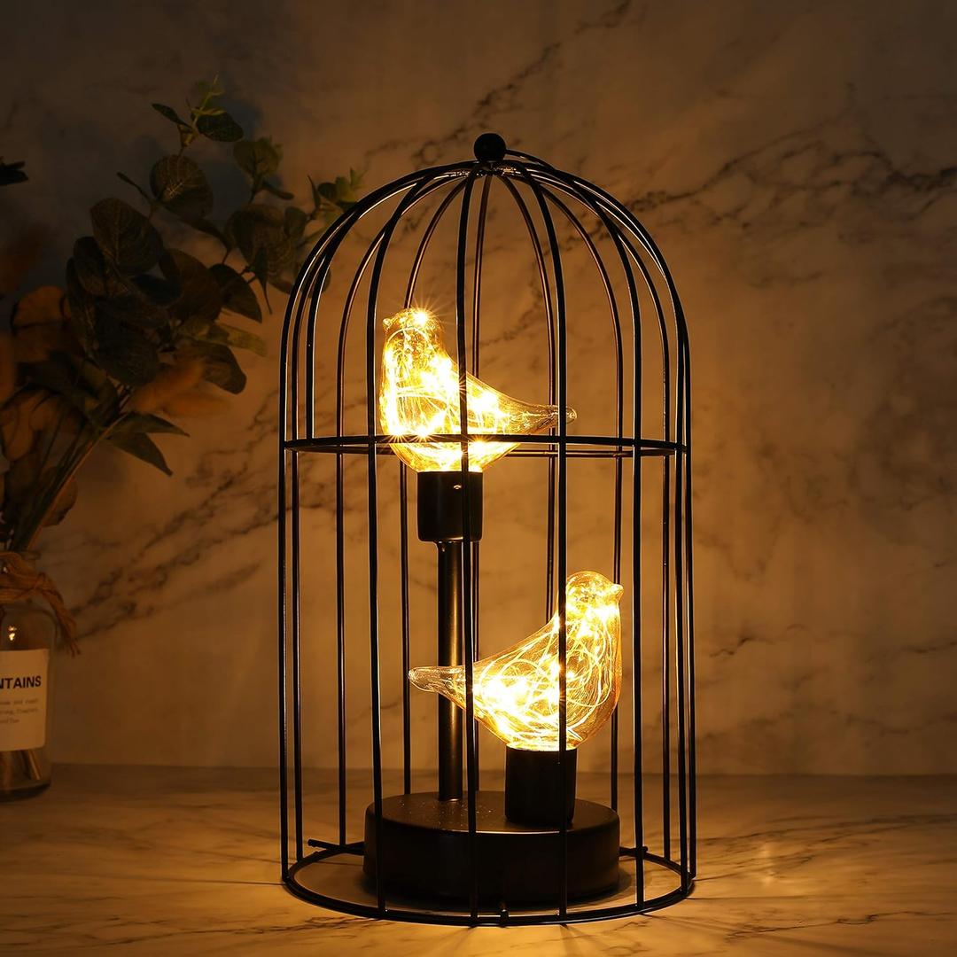JHY DESIGN Birdcage Decorative Lamp Battery Operated 12" H Cordless Table Lamp with Warm White Fairy Lights Bird Bulb for Indoor Bedroom Living Room Home Wedding Xmas(Black)