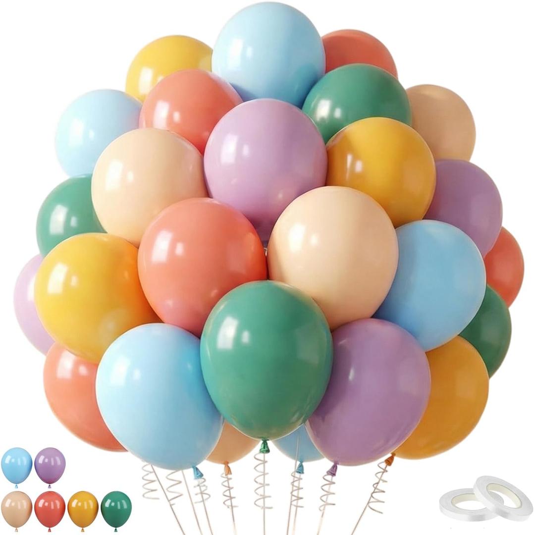 Retro Rainbow Balloons, 60PCS Boho Colorful Balloons, 12 Inch Dusty Light Blue Blush Pink Orange Yellow Purple Balloon Assorted Color Balloon for Boho Birthday Wedding Baby Shower Party Decorations