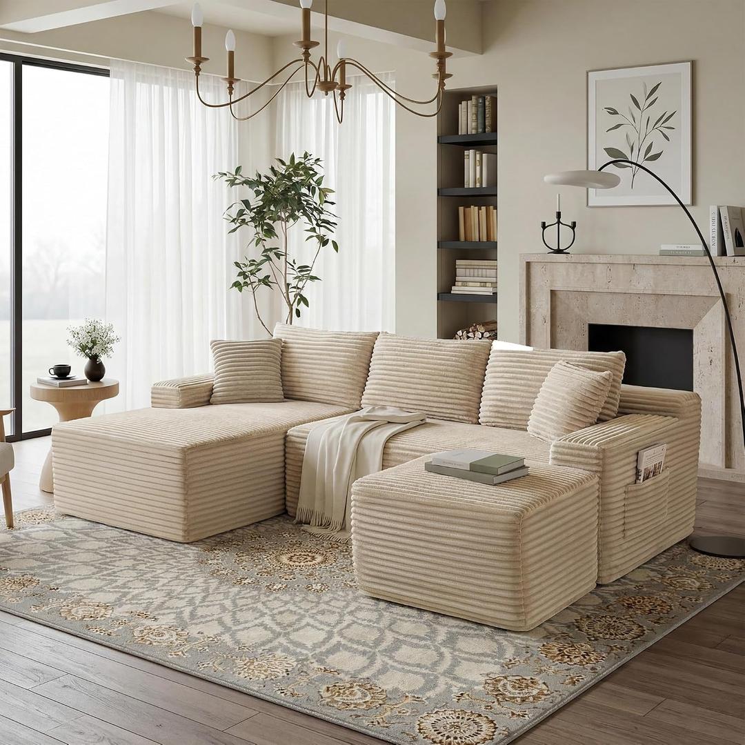 94.5" L-Shaped Cloud Sectional Couch with Ottoman, Left Facing Corner Compressed Modular Sectional Sofa Plush Corduroy Boneless Sofa Couch W/Chaise Lounger, No Assembly