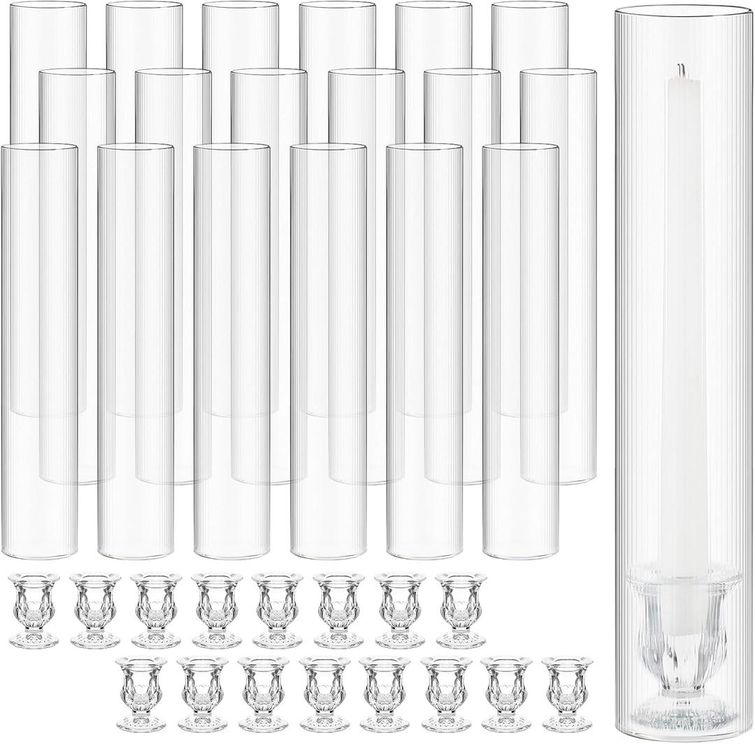 24 Set Glass Hurricane Candle Holders 11.8" Open Ended Stripe Glass Candleholder Tube Shape Bottomless and 1.89" Taper Clear Candlestick Holders for Wedding Party Table Centerpiece