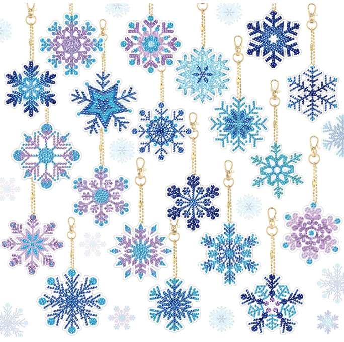 Snowflake Diamond Painting Keychain Kits 5d DIY Winter Diamond Art Ornaments Pendants Double Sided Hanging Key Chains for Christmas Party Decoration Kids Art Crafts(Snowflake Style)