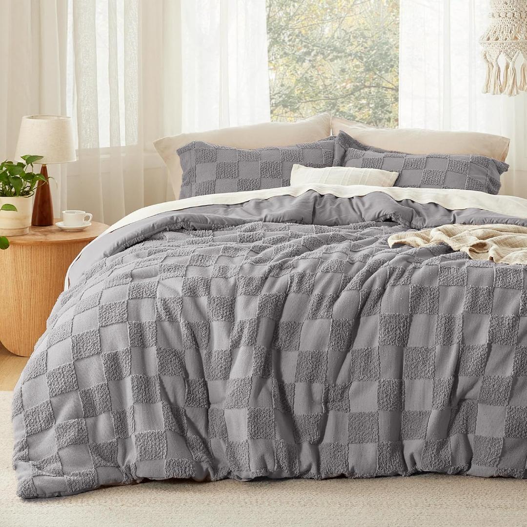 Bedsure Grey King Size Comforter Set, Boho Tufted Bed Set, Checkered Farmhouse-Style Distressed Vintage Bedding, 3 Pieces, 1 Plaid Geometric Comforter and 2 Pillow Shams