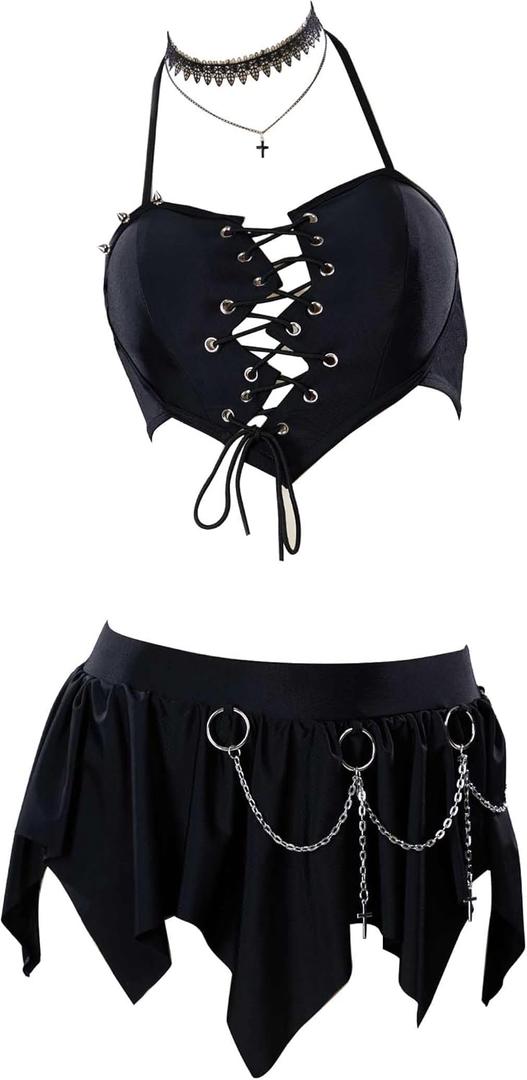 MEOWCOS Goth Bikini Halter Neck Swimsuit Broken Heart Gothic Bathing Suit (Large, Black)