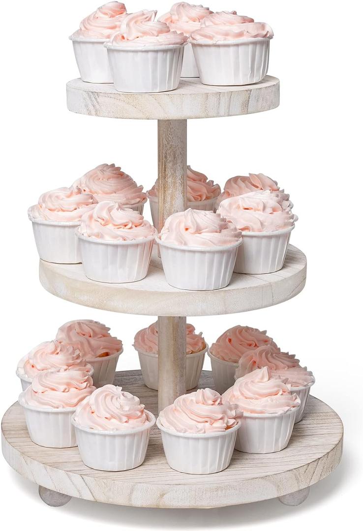 3 Tier Cupcake Stand Round,Wood Cake Stand with Tiered Tray Decor,Rustic Cake Stand,Cupcake Display for Home Tea Party, Birthday, Wedding, Farmhouse Decor,Woodland Baby Shower