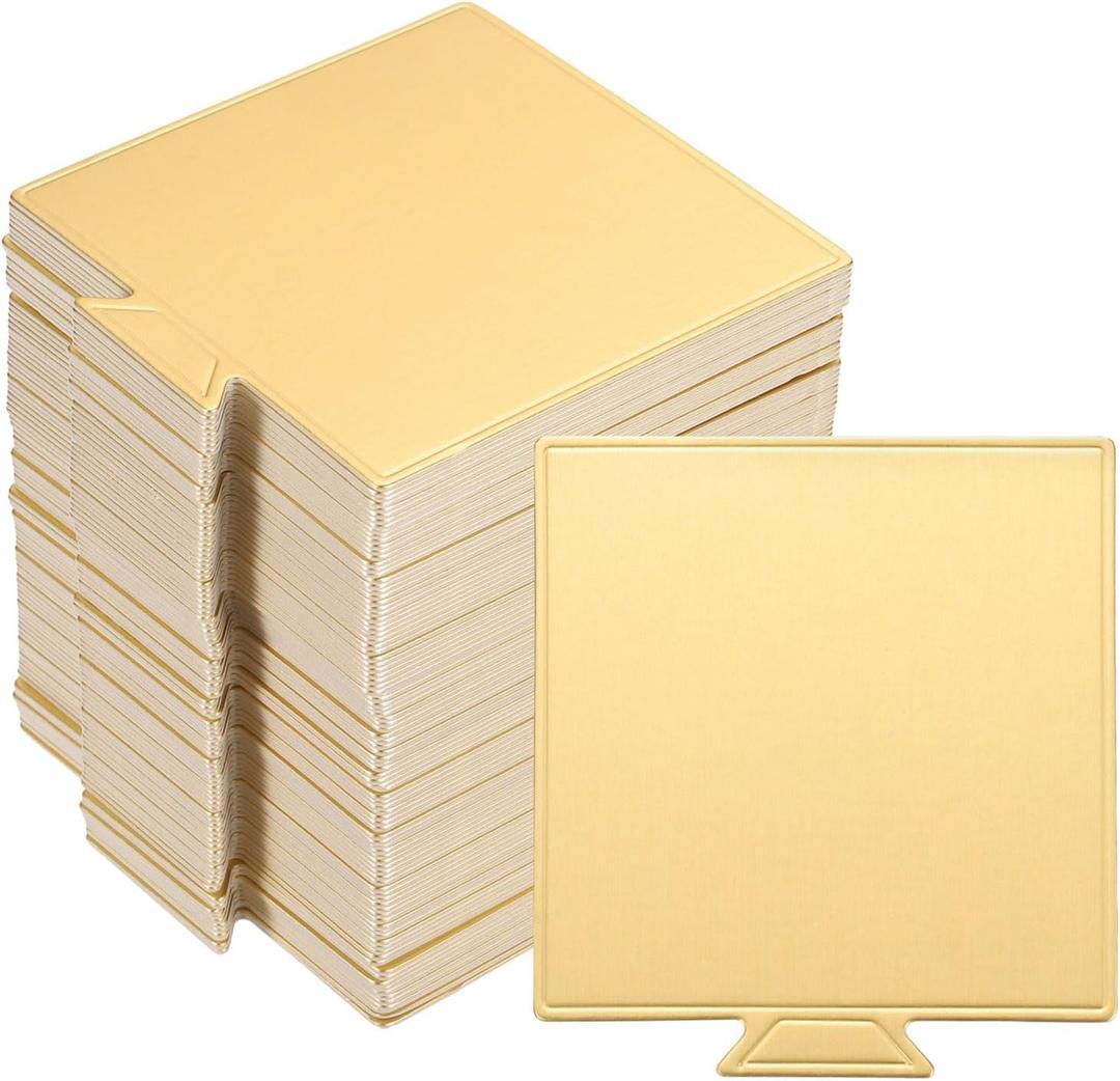 uxcell 100pcs Mini Cake Boards, Mousse Cake Cardboards Square Cake Bases Plates Cupcake Dessert Displays Base Tray for Cupcakes, Pastries, Dessert Base - Grease Proof (Gold) (2.8 x 2.8 inch)