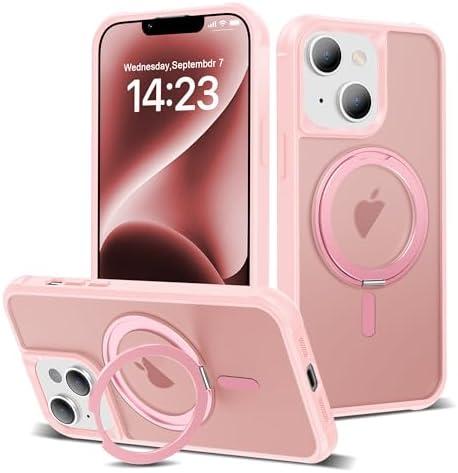 TOKVANZ Designed for iPhone 13/14 Case with 360° Rotatable Magnetic Ring Stand [Compatible Mag-Safe] [Military Grade Protection] Translucent Matte Phone Cases for Women Men 6.1'', Pink