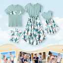 PATPAT Family Matching Outfits Short Sleeve Mommy and Me Outfits Belted Dresses and Casual T-Shirts Matching Sets (Small, Celadon)
