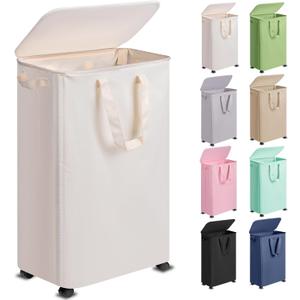 Slim Laundry Hamper with Lid and Wheels, Small Rolling Laundry Basket with Handle for Small Spaces, Tall Dirty Clothes Hampers for Dorm, Bathroom and Bedroom, 75L, Beige