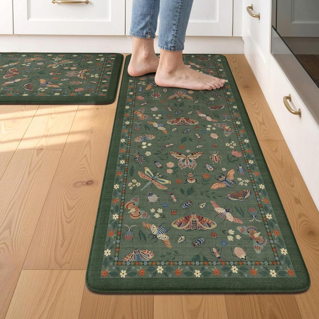 LEEVAN Anti Fatigue Mats for Kitchen Floor Non-Slip, Cushioned Kitchen Mats for Floor 2 Piece, Green Memory Foam Kitchen Mat Set, Waterproof Ergonomic Standing Mat for Bar, Office,Desk, Laundry (17.3"x29"+17.3"x47"-0.47inch)