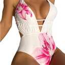 SweatyRocks Women's Floral Deep V Neck Criss Cross One Piece Swimsuit Swimwear Bathing Suit (Medium, White)