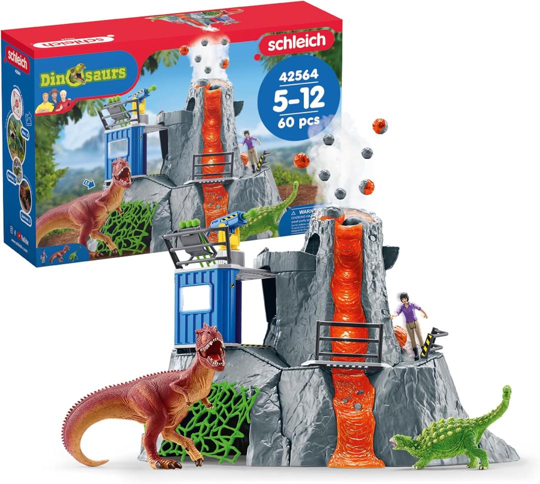 Schleich Dinosaurs - 60PC Volcano Expedition Base Camp Playset - Dinosaur Toy Playset with LED, Smoke Erupting, Dino Figurines for Boys and Girls - Interactive for Kids Ages 5+ | 42564, 22.2 x 6.3 x 14.8 inches