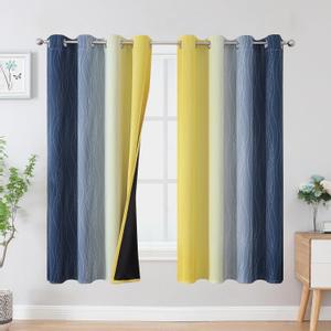Estelar Textiler Navy Blue and Yellow Blackout Curtains 63 Inch Length 2 Panels Set, Full Room Darkening Grommet Ombre Curtains for Bedroom, Thermal Insulated Light Blocking Gradient Drapes, 52Wx63L