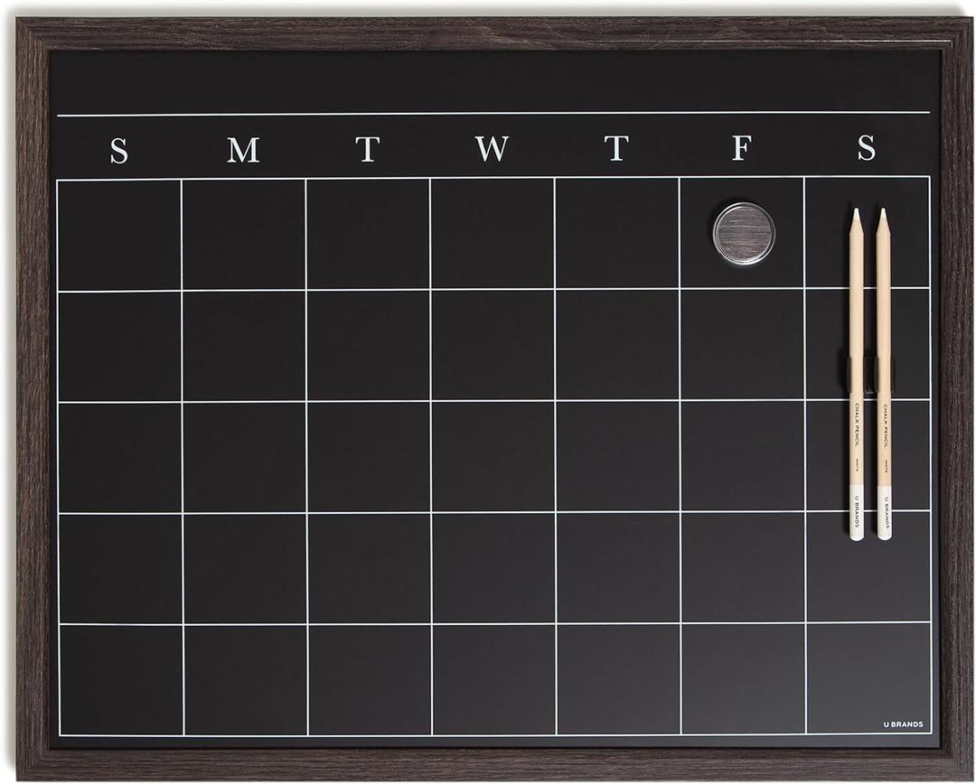 U Brands Magnetic Chalk Calendar Board, 20"x16", Rustic Wood Style Frame, includes Chalk Pencils and Magnet