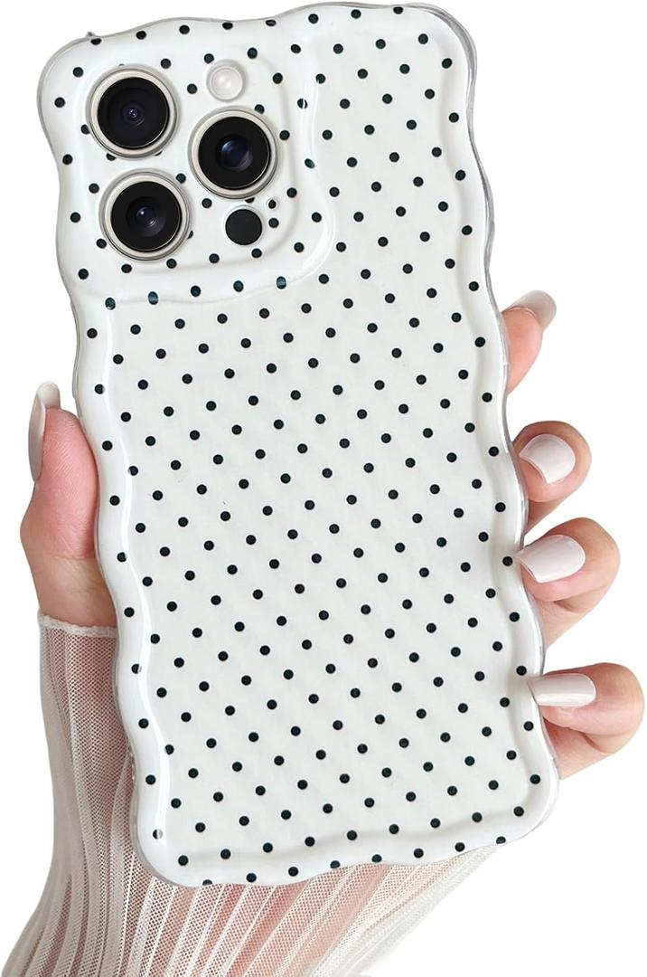 Yeddabox for iPhone 15 Pro Case Cute Wavy Polka Dot Phone Case Soft TPU Slim Shockproof Phone Cover for Women Girls, White